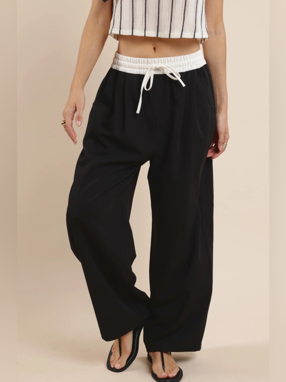 Sage Black Wide-Leg Drawstring Pants with Cream Waistband